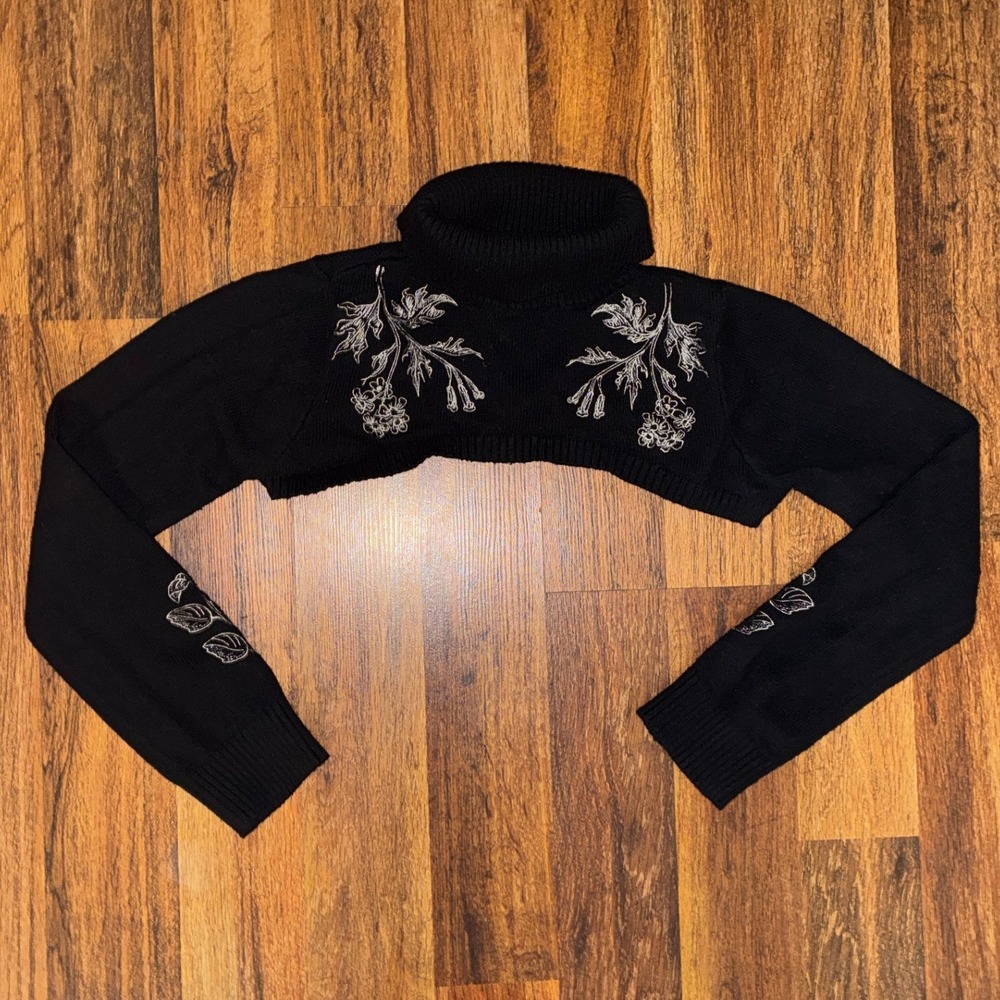Disturbia Black Floral Embroidered Turtleneck Ultra Crop Shrug Sweater Small